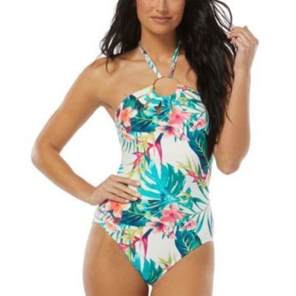 NWT Vince Camuto Halter Logo Ring One Piece Swimsuit White